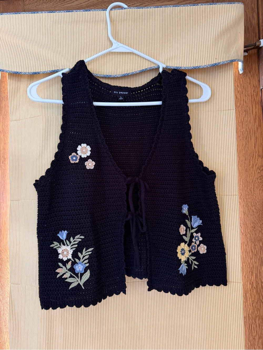 Blu Pepper Black Crocheted Floral Tie-Front Vest